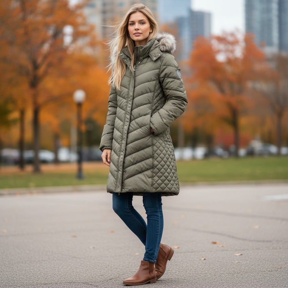 Kenneth Cole New York Olive Green Quilted Puffer Coat Faux Fur Hood Plus Size 2X